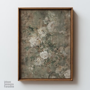 Väggkonsttryck med vintagepioner, antikt textilmönster, rustik blommig stugdekor, neutral botanisk heminredning
