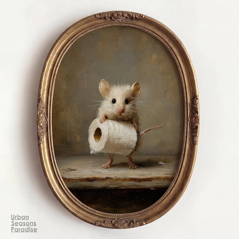 Grappige muis voor in de badkamer, humoristische muurprint met toiletthema, speels vintage muisschilderij, originele badkamerdecoratie, grappig cadeau voor een housewarming. afbeelding 2