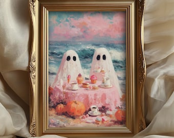 Cute Ghost Beach Wall Art, Retro Halloween Print, Girly Coquette Summer Decor, Vintage Spooky Oil Painting Style Poster, Spooky Picnic Decor