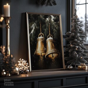 Vintage Christmas Jingle Bells Wall Art Print, Retro Holiday Decor for Living Room, Dark Christmas Art Prints,  Festive Winter Home Decor