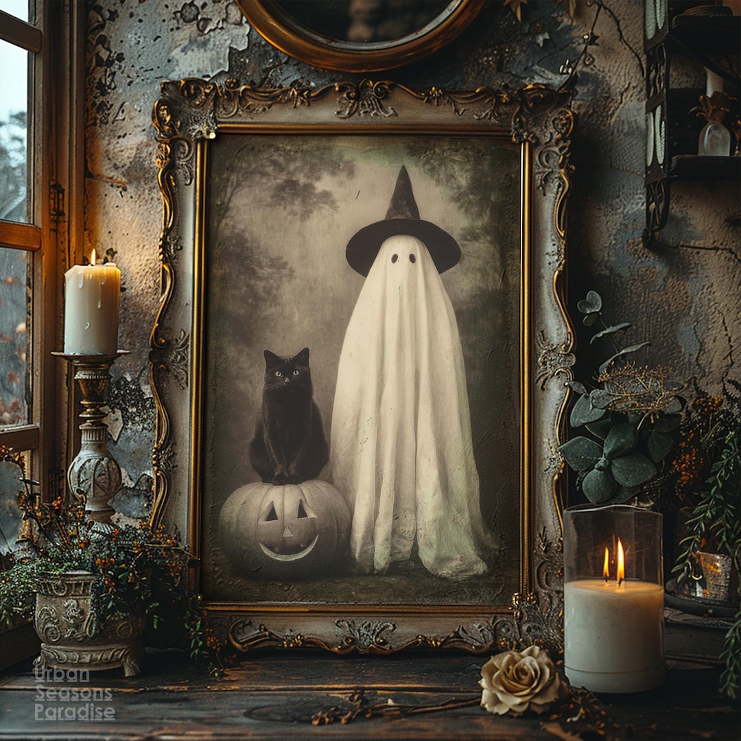 Vintage Halloween Wall Art – Cute Ghost, Black Cat & Pumpkin Jack O ...