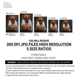 May include: Printable digital art featuring a Halloween-themed image of two ghosts sitting at a table with a pumpkin. The image is available in five size ratios, including 24x36 inches and 24x30 inches. The text says "You will receive 300 DPI JPG files high resolution".