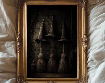 Coven Sisters Witch Hats Print, Gothic Halloween Wall Art, Three Witches Home Decor, Dark Occult Aesthetic Poster, 3 Crones Art Fall Gift