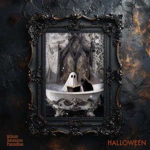 Duch i kot czytający w wannie, sztuka ścienna, gotyckie farby do malowania na Halloween, upiorny wystrój w stylu Bubblebath Dark Academia, zabawny wydruk na prezent na Halloween