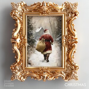 Moody Santa Winter Forest Prints, Christmas Wall Art Oil Painting, Light Academia Cottage Holiday Decor, Vintage Farmhouse Christsmas Print.