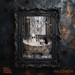 Duch i kot czytający w wannie, sztuka ścienna, gotyckie farby do malowania na Halloween, upiorny wystrój w stylu Bubblebath Dark Academia, zabawny wydruk na prezent na Halloween