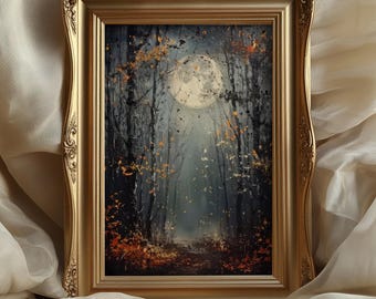 Full Moon Wall Art, Halloween Dark Forest Print, Autumn Witchy Decor, Spooky Fall Poster, Mystical Moon Art, Fullmoon Gothic Home Decor