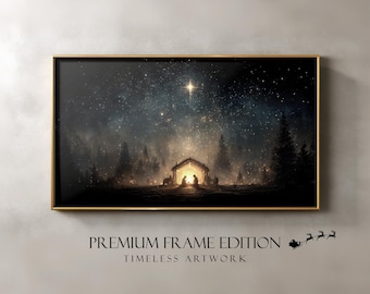Vintage Nativity Scene Frame TV Art, Christian Christmas Manger in Bethlehem, Star of Bethlehem Wall Decor, Holy Night Digital Download