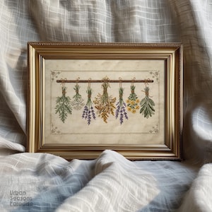 Korsstygnsväggkonst med torkade örter, dekoration med botaniska örter, broderi med apoteksmotiv i bondgårdsstil, rustik köksdekoration i vintagestil