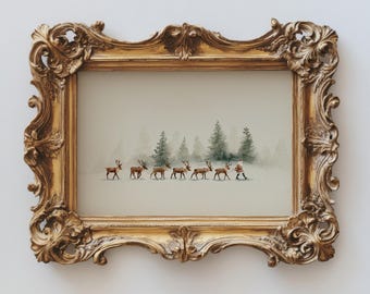 Minimal Watercolor Reindeer Christmas Wall Art, Vintage Santa Holiday Landscape Print, Whimsical Winter Scene, Festive Digital Download