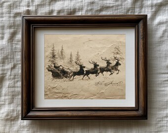 Antique Santa Sleigh & Reindeer Wall Art – Vintage Christmas Print, Rustic Holiday Decor, Old World Santa Claus Illustration, Winter Artwork