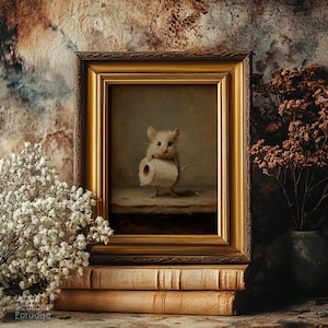 Op de afbeelding: Een ingelijste print met een kleine, lichtgekleurde muis die op een houten oppervlak staat en een rol wit toiletpapier vasthoudt. Het kunstwerk zit in een getextureerde gouden lijst en rust op twee gestapelde, verweerde, lichtbruine boeken.