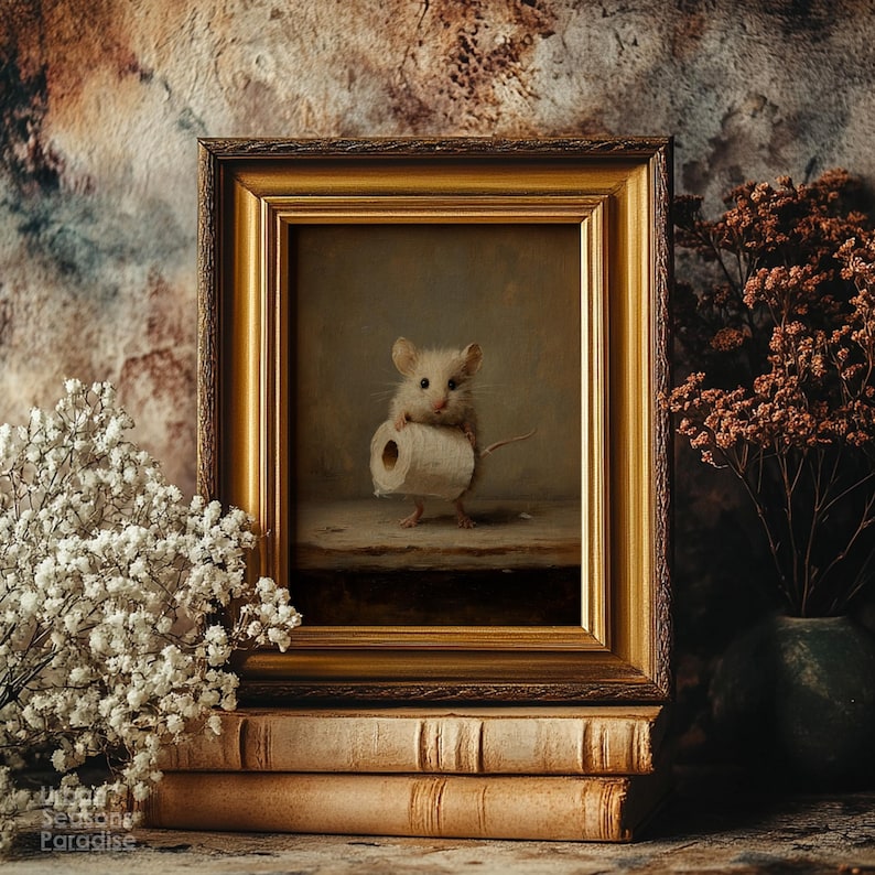 Op de afbeelding: Een ingelijste print met een kleine, lichtgekleurde muis die op een houten oppervlak staat en een rol wit toiletpapier vasthoudt. Het kunstwerk zit in een getextureerde gouden lijst en rust op twee gestapelde, verweerde, lichtbruine boeken.