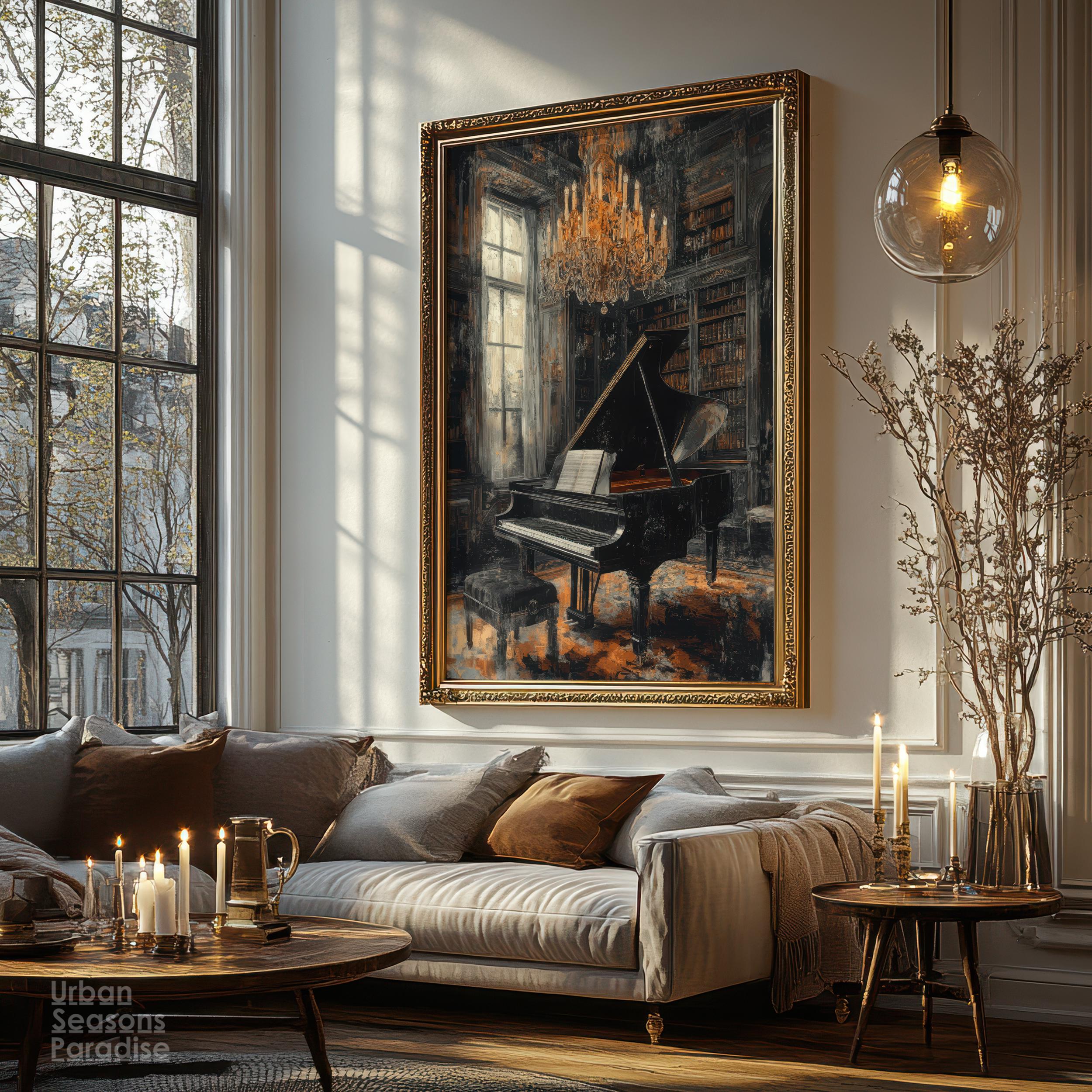 Vintage Piano Library Wall Art Print, Dark Academia Oil Painting