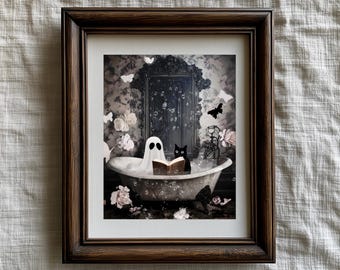 Ghost and Cat Reading in Bathtub Wall Art, Vintage Halloween Ghost Paints, Spooky Bubblebath Dark Academia Decor, Funny Halloween Gift Print