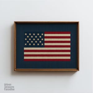 May include: Framed American flag art. The flag features a blue canton with white stars and red and white stripes. The artwork is in a brown wooden frame and is displayed against a white wall.