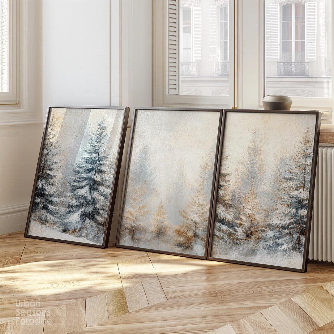 Pine Tree Forest Wall Art Set of 3, Winter Landscape Oil Painting ...