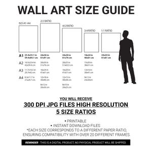 May include: Wall art size guide with dimensions in inches and centimeters. Includes A1-A4, 2:3, 4:5, 3:4, and 1:1 ratios. Text states "300 DPI JPG FILES HIGH RESOLUTION" and "5 SIZE RATIOS". Printable, instant download files.