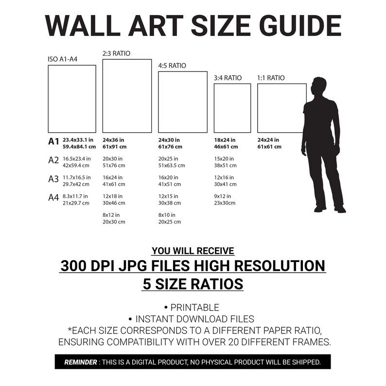 May include: Wall art size guide with dimensions in inches and centimeters. Includes A1-A4, 2:3, 4:5, 3:4, and 1:1 ratios. Text states "300 DPI JPG FILES HIGH RESOLUTION" and "5 SIZE RATIOS". Printable, instant download files.