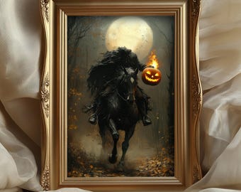 Headless Horseman Wall Art, Gothic Oil Painting, Dark Moody Paint, Halloween Decor, Vintage Academia, Autumn Spooky Home Decor, Fullmoon Art