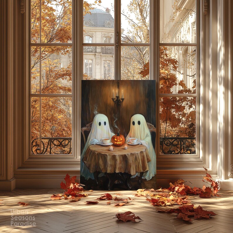 May include: A canvas print depicts two ghost figures seated at a table with teacups and a carved pumpkin. The artwork is set against a backdrop of a window with autumn foliage and a European-style building. The scene evokes a cozy, Halloween theme.