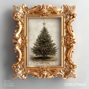 Vintage Christmas Tree Wall Art | Farmhouse Oil Painting Print | Rustic Holiday Decor | Classic Christmas Tree Art for Farmhouse Home