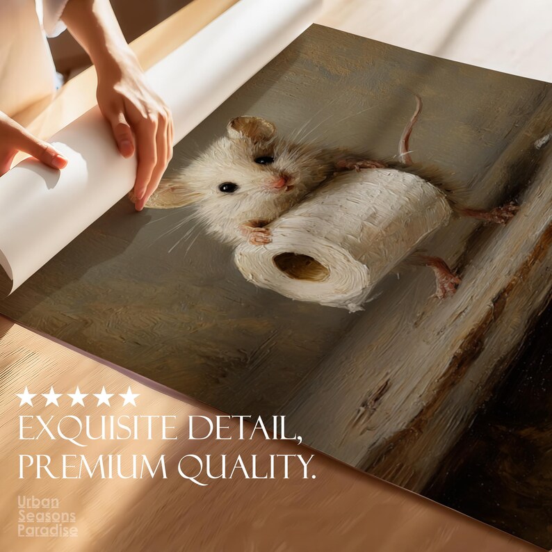 Op de afbeelding: Een rechthoekige print met een schilderij van een kleine bruin-witte muis die een rol wit toiletpapier vasthoudt. De print bevat vijf witte sterren, de tekst EXQUISITE DETAIL, PREMIUM QUALITY. en Urban Seasons Paradise.