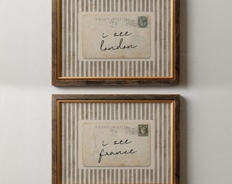 I See London I See France Wall Art Set of 2, Funny Bathroom Print, Retro Striped Postcard Decor, Handwritten Girly Restroom Art