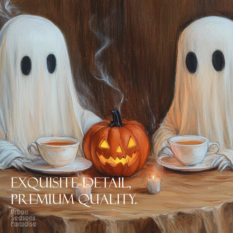 May include: A Halloween-themed painting featuring two white ghost figures with black oval eyes, each holding a teacup. A carved orange pumpkin sits between them, with lit candles and the text "EXQUISITE DETAIL, PREMIUM QUALITY."
