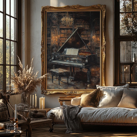 アート・デザイン・音楽 Art and the Victorian Middle Class Vintage Piano Library Wall Art Print, Dark Academia Oil Painting