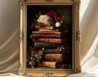 Arte mural vintage de pila de libros navideños, acogedora impresión de biblioteca navideña con gorro de Papá Noel y acebo, póster nostálgico de pintura al óleo invernal.