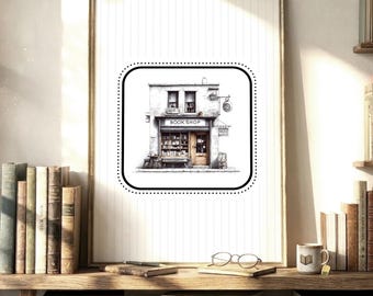 Vintage Bookshop Wall Art Print – Old Book Store Sketch Drawing, Striped Minimalist Illustration, Librariancore Home Library Decor
