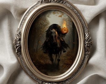 Headless Horseman Wall Art, Gothic Oil Painting, Dark Moody Paint, Halloween Decor, Vintage Academia, Autumn Spooky Home Decor Canvas Print