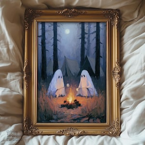 Arte de parede com fantasmas acampando, impressão de noite de lua cheia de Halloween, pintura de marshmallows assados na fogueira, decoração de floresta assustadoramente fofa, download digital