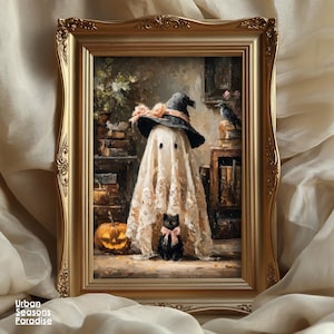 Puede incluir: Pintura enmarcada con temática de Halloween. Representa un fantasma con sombrero de bruja y un gato negro con lazo rosa. También presenta una calabaza tallada y un cuervo. El marco es dorado y ornamentado, con el texto "Urban Seasons Paradise".