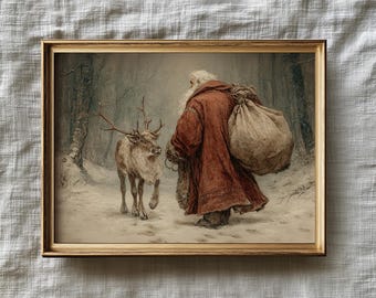 Vintage Santa with Reindeer Art, Old-World Christmas Print, Rustic Forest Antique Illustration, Classic Winter Home Decor
