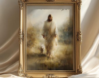 Jesus the Good Shepherd Wall Art, Vintage Christian Oil Painting Print, Biblical Bible Scene, Religious Home Decor, Faith-Based Artwork
