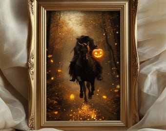 Headless Horseman Wall Art, Gothic Oil Painting, Dark Moody Paint, Halloween Decor, Vintage Academia, Autumn Spooky Home Decor Canvas Print