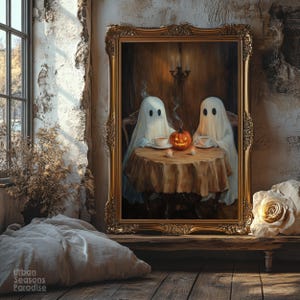 May include: A framed painting depicts two ghosts seated at a table with a carved pumpkin and teacups. The artwork is in a gold ornate frame, set against a rustic wall. The scene evokes a Halloween theme with a vintage aesthetic.