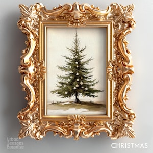 Vintage Christmas Tree Wall Art | Farmhouse Oil Painting Print | Rustic Holiday Decor | Classic Christmas Tree Art for Farmhouse Home