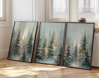 Set of 3 Evergreen Pine Forest Wall Art – Snowy Woodland Landscape, Rustic Farmhouse Decor, Winter Oil Painting Print, Nature Home Decor