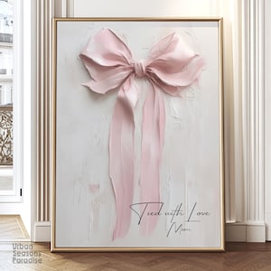 Personalized Name Bow Wall Art, Custom Baby Girl Gift from Mom, Coquette Ribbon Impasto Painting, Elegant Pink Keepsake for Nursery Decor