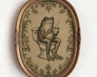 Funny Frog Coffee Time Tapestry badkamer muur kunst, bloemen toilet decor, retro schets kunst, vintage humor poster, grillige dierenprint
