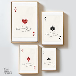 Quanto siamo fortunati? Set di 4 stampe da parete "Ace", poster retrò di carte da gioco, decorazione per carrello bar, design vintage di poker di alta qualità, stampa artistica con citazione "fortuna".