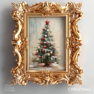 Christmas Tree Winter Art Print, Farmhouse Oil Painting Print, Rustic Holiday Decor, Classic Vintage Winter Wall Art Decor, Digital Download