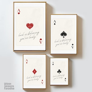 Set di 4 stampe da parete Premium Ace, poster di carte da gioco retrò, decorazione alla moda per carrelli da bar, design vintage di poker di alta qualità, stampa artistica con citazione fortunata