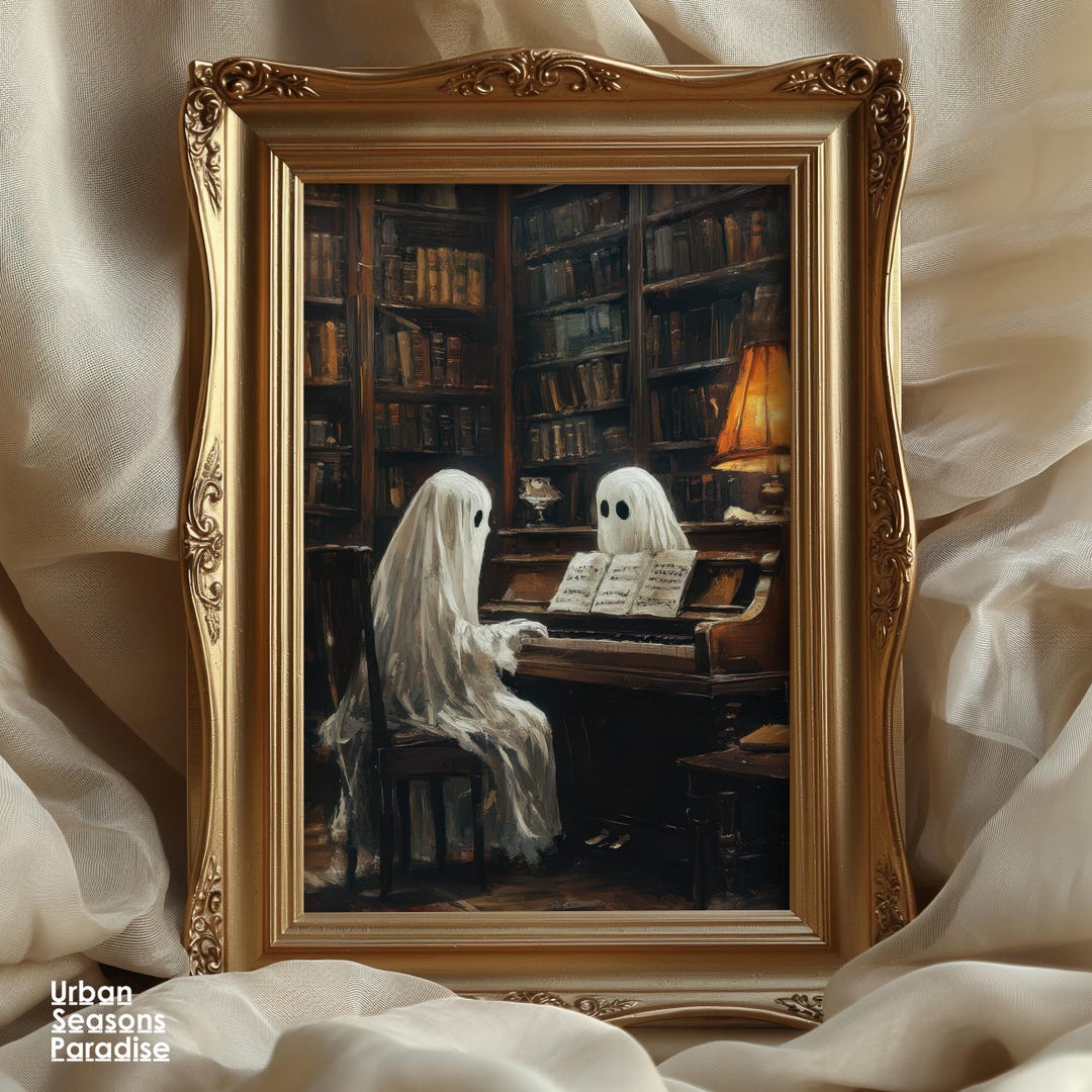 Cute Ghosts Halloween Wall Art Print, Vintage Library & Piano Oil ...