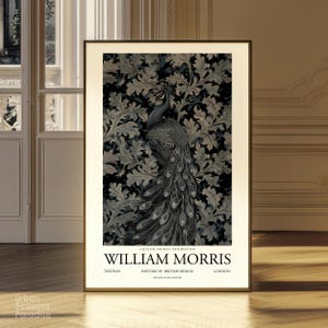 William Morris Wild Animal Wall Art, Black Peacock Art Print, Vintage Country Botanical Gift, Textiles Art Nouveau Decor Digital Download