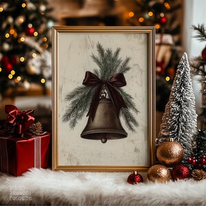 Vintage Christmas Jingle Bell Wall Art Print, Retro Holiday Decor for Living Room, Dark Christmas Art Prints,  Festive Winter Home Decor