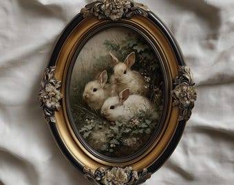 Kunst aan de muur paashaas, vintage olieverfschilderij konijn kunstwerk, neutraal gedempte wilde bloemen decor, rustieke lente boerderij print